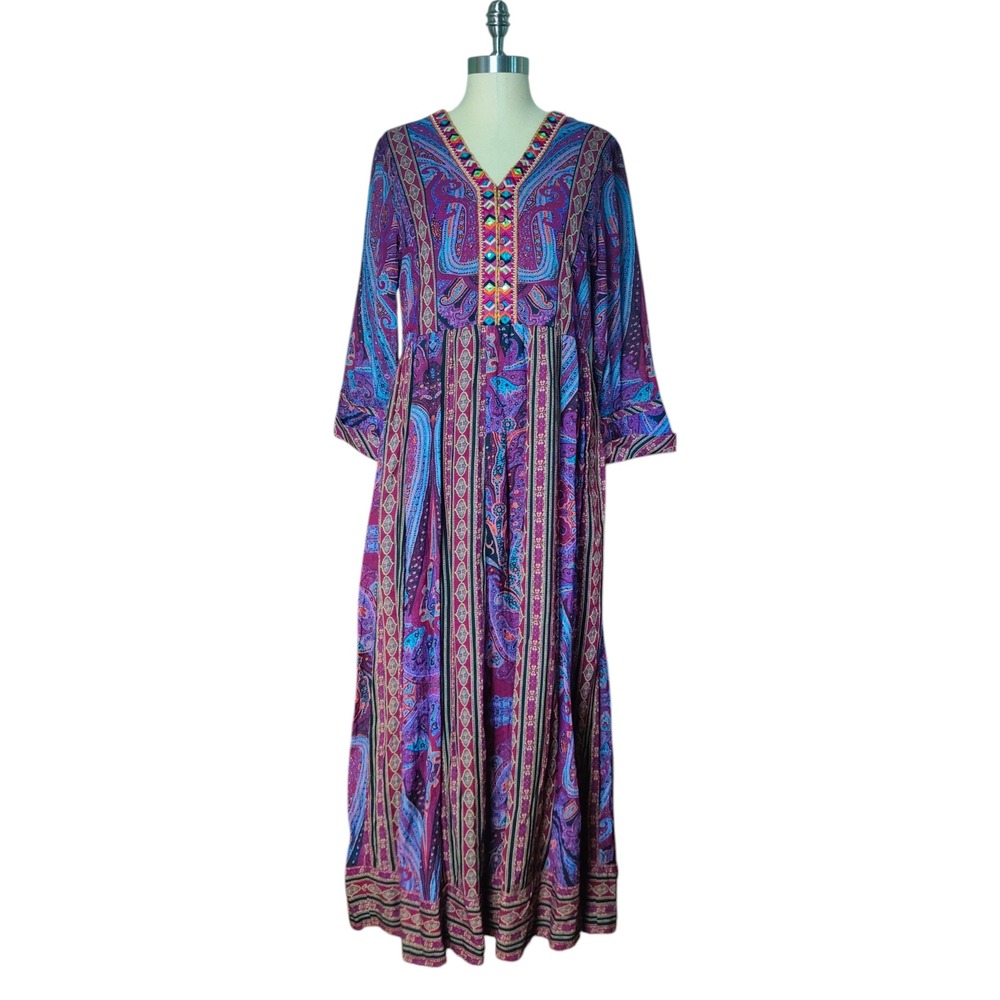Soft Surroundings Mira Maxi Dress Purple Paisley Boho Embroidered Caftan M NWT